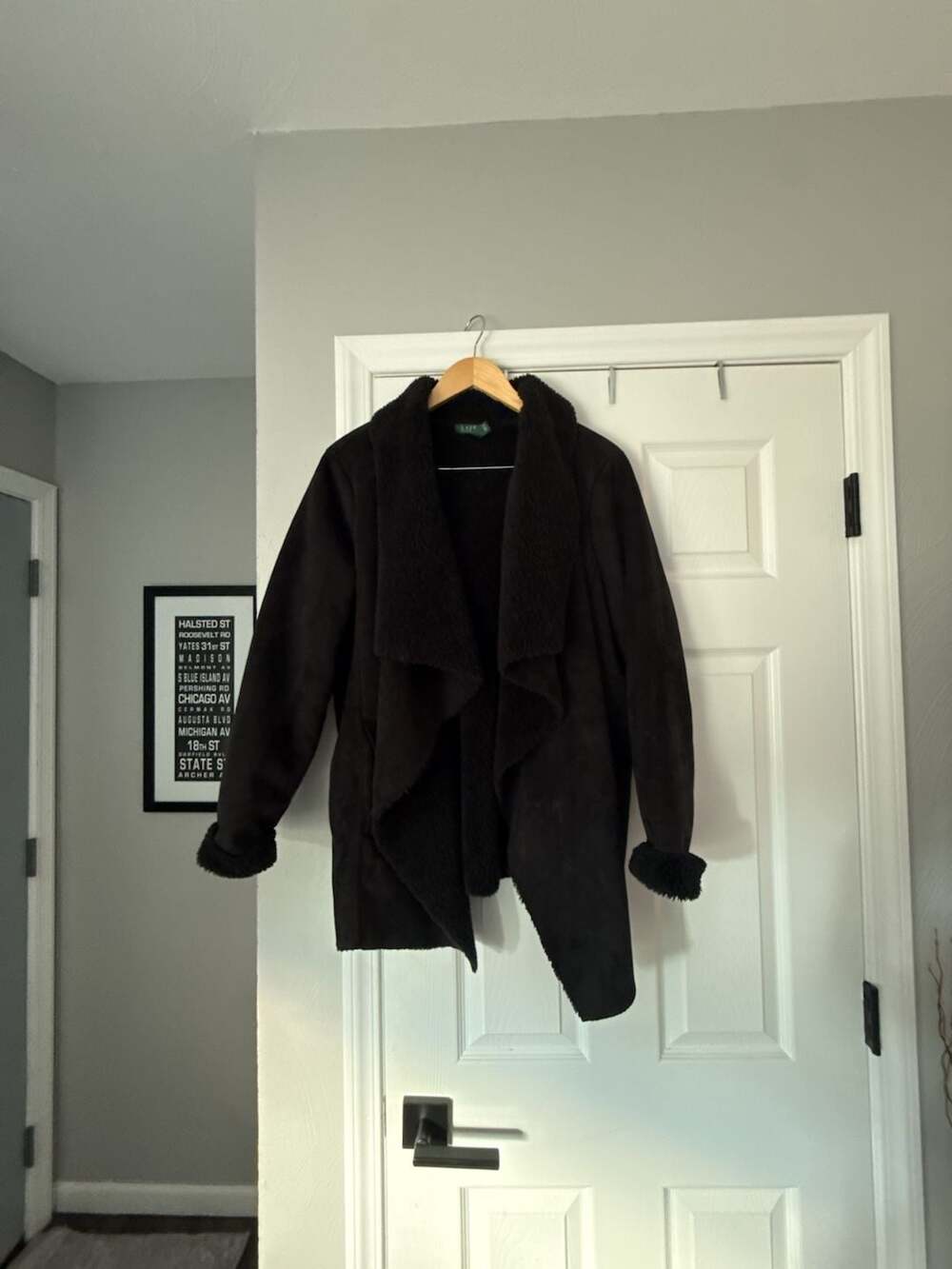 Lauren Ralph Lauren Black Faux Suede & Sherpa Waterfall Open Front Coat